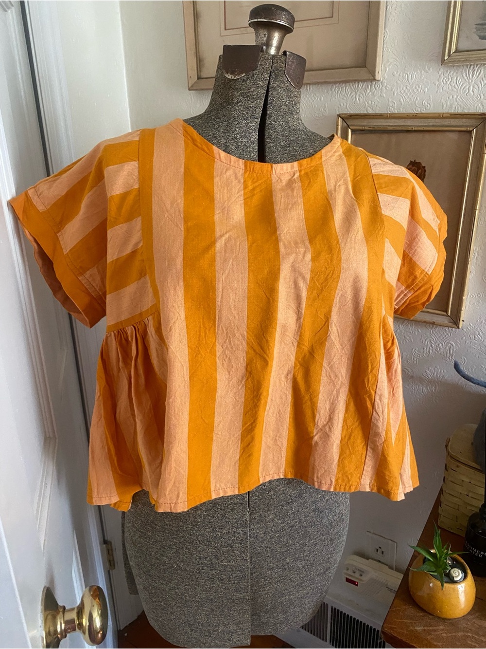 Fun Whimsical Striped Orange Boxy Cropped Top Women 21” pit to pit handmade boho